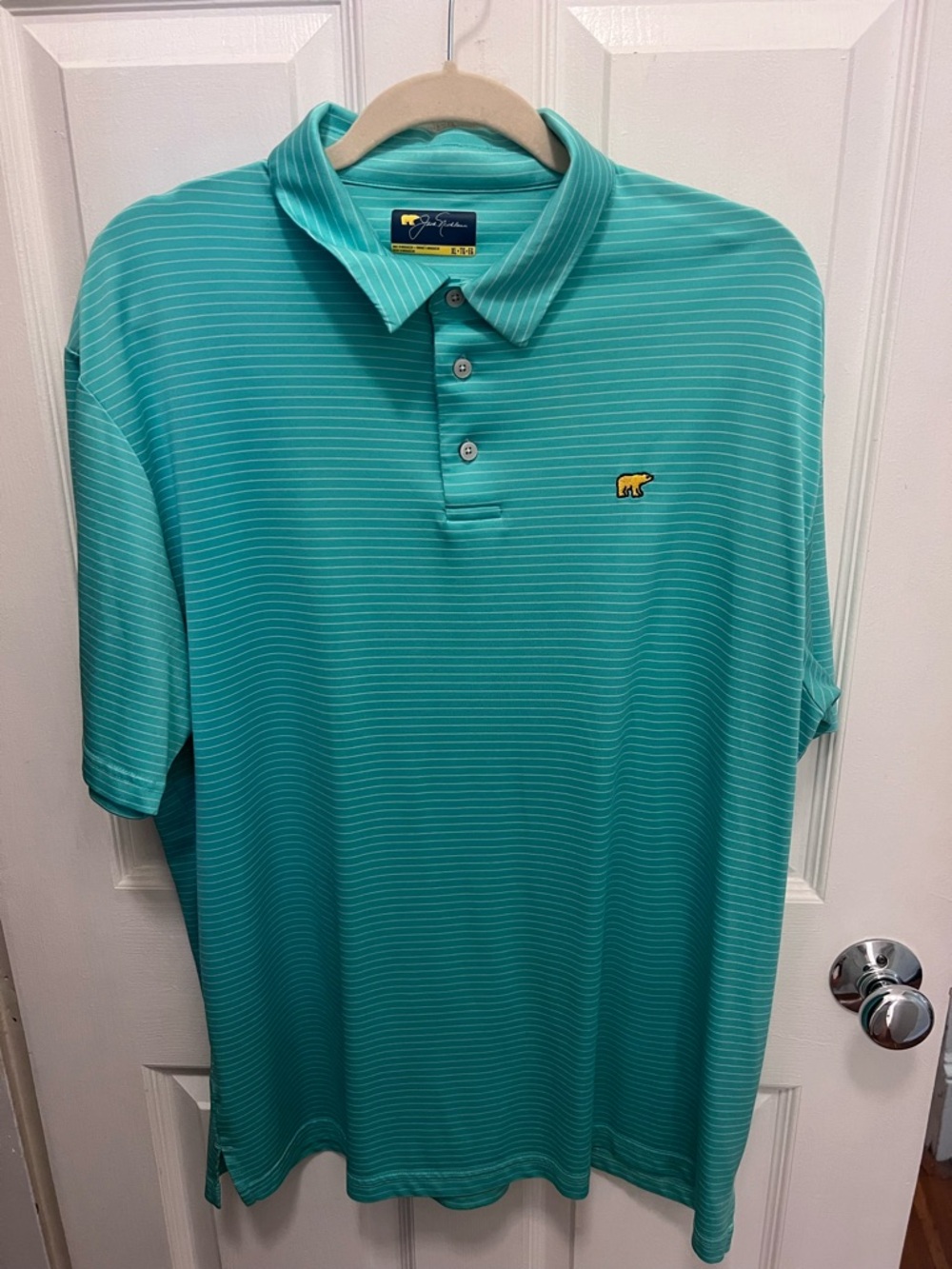 Striped Teal Green Polo Shirt with Embroidered Bear Logo